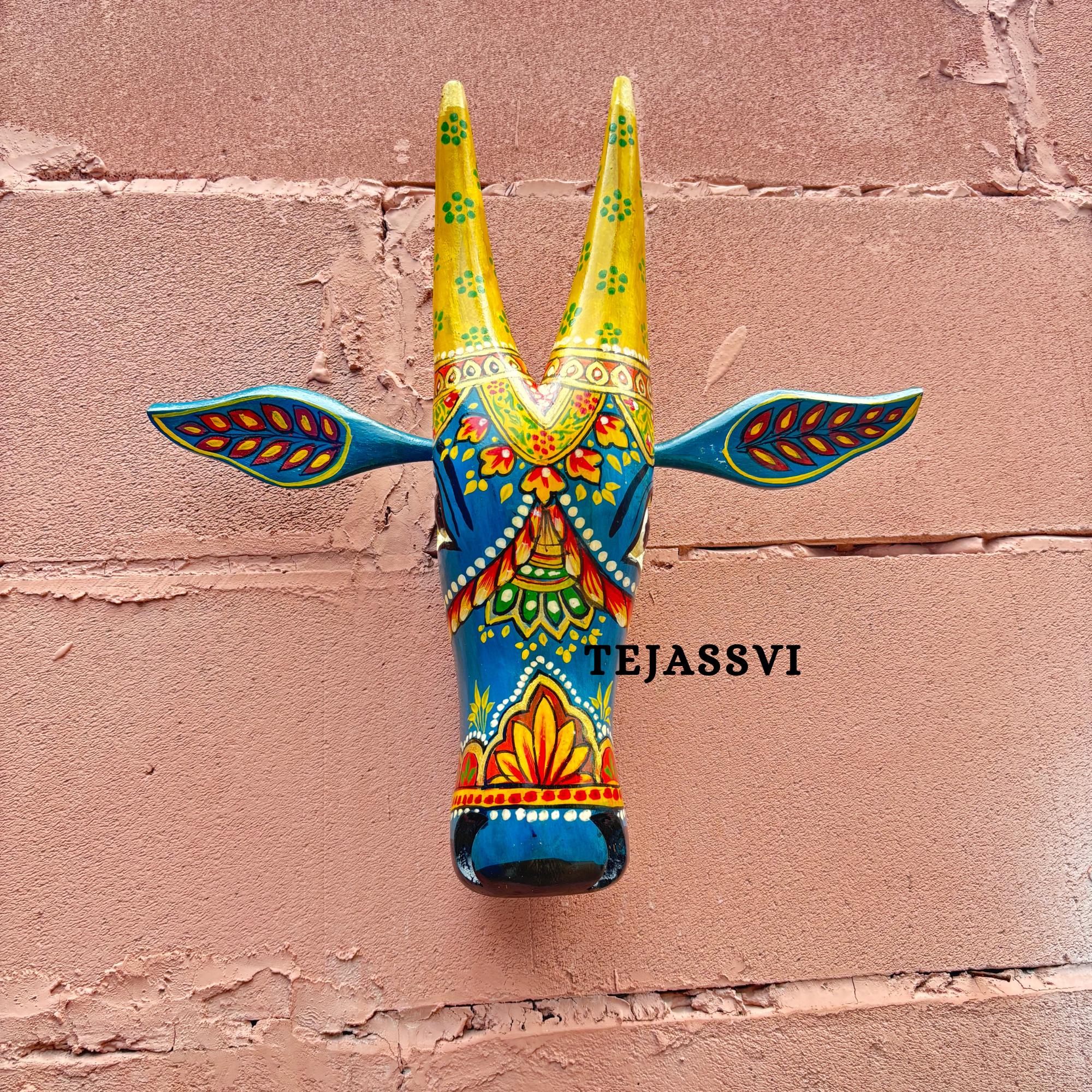 Wooden Painted Cow Head 15 Inches| Bull | Nandi Head Mask Wall Décor. Wooden Wall Hanging. Ethnic Indian Art.