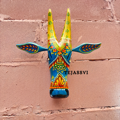 Wooden Painted Cow Head 16 Inches| Bull | Nandi Head Mask Wall Décor. Wooden Wall Hanging. Ethnic Indian Art.