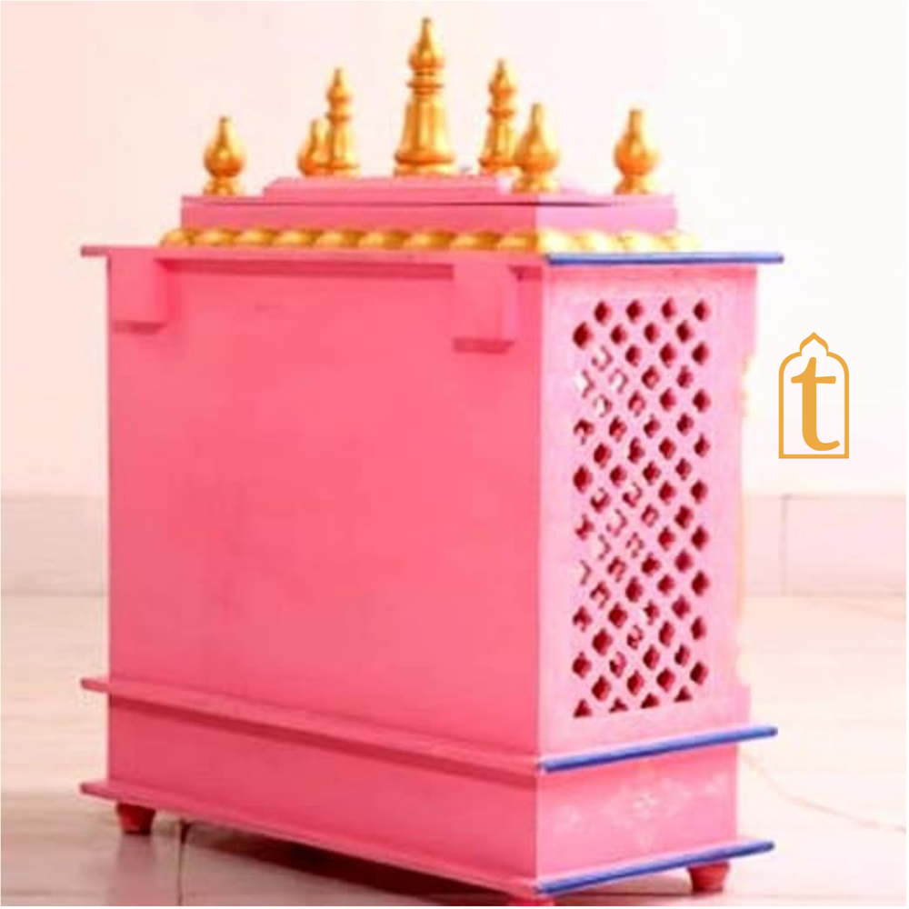 Wooden Pooja Mandir: Indian Pooja Ghar, Wall Mount Decor, Wooden Pink & Blue Pooja Mandir for Wall Decor