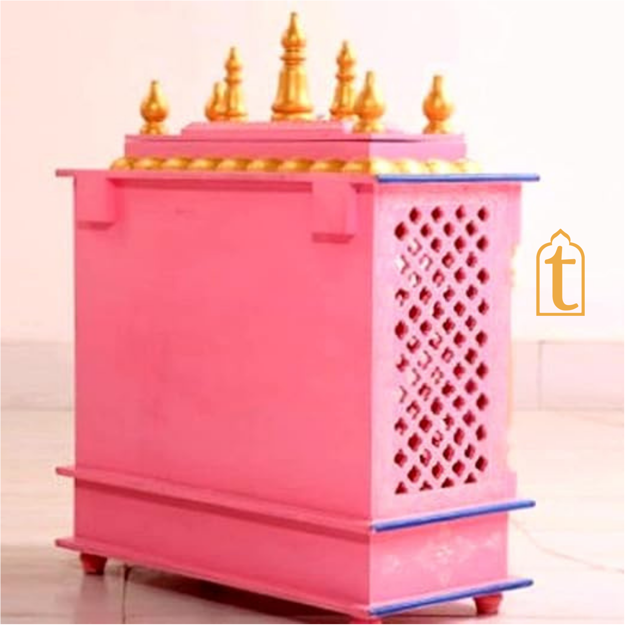 Wooden Pooja Mandir: Indian Pooja Ghar, Wall Mount Decor, Wooden Pink & Blue Pooja Mandir for Wall Decor