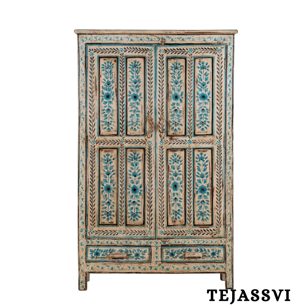 Aqua & Red Painted Bow Fronted Cupboard / Side Storage / Cabinet | Bedside, Side Table, Hand Painted, Wooden Big Cabinet/ Vintage Cabinet.
