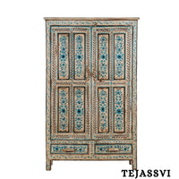 Aqua & Red Painted Bow Fronted Cupboard / Side Storage / Cabinet | Bedside, Side Table, Hand Painted, Wooden Big Cabinet/ Vintage Cabinet.