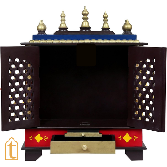 Handcrafted Wooden Pooja Mandir With Drawers Home Temple White Brown Finish