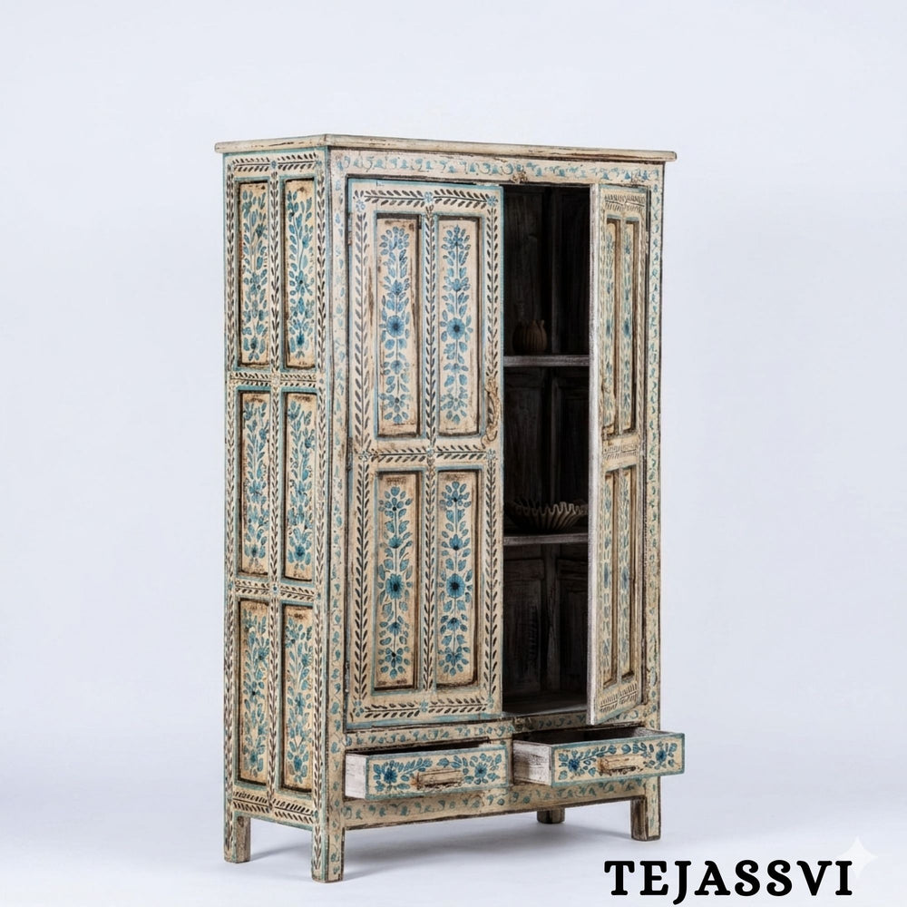 Aqua & Red Painted Bow Fronted Cupboard / Side Storage / Cabinet | Bedside, Side Table, Hand Painted, Wooden Big Cabinet/ Vintage Cabinet.