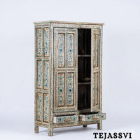 Aqua & Red Painted Bow Fronted Cupboard / Side Storage / Cabinet | Bedside, Side Table, Hand Painted, Wooden Big Cabinet/ Vintage Cabinet.