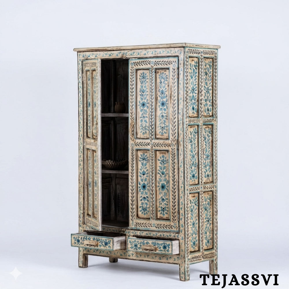 Aqua & Red Painted Bow Fronted Cupboard / Side Storage / Cabinet | Bedside, Side Table, Hand Painted, Wooden Big Cabinet/ Vintage Cabinet.