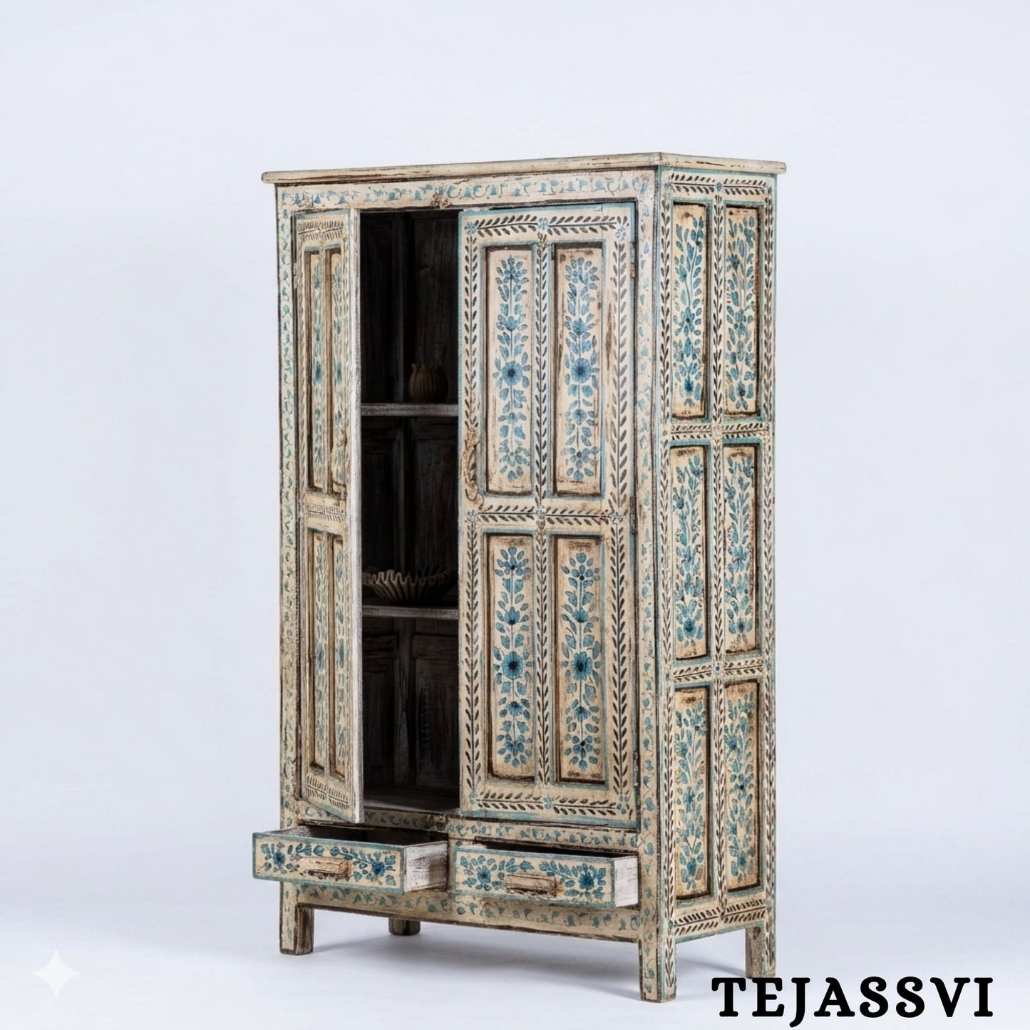Aqua & Red Painted Bow Fronted Cupboard / Side Storage / Cabinet | Bedside, Side Table, Hand Painted, Wooden Big Cabinet/ Vintage Cabinet.