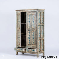Aqua & Red Painted Bow Fronted Cupboard / Side Storage / Cabinet | Bedside, Side Table, Hand Painted, Wooden Big Cabinet/ Vintage Cabinet.