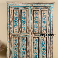 Aqua & Red Painted Bow Fronted Cupboard / Side Storage / Cabinet | Bedside, Side Table, Hand Painted, Wooden Big Cabinet/ Vintage Cabinet.