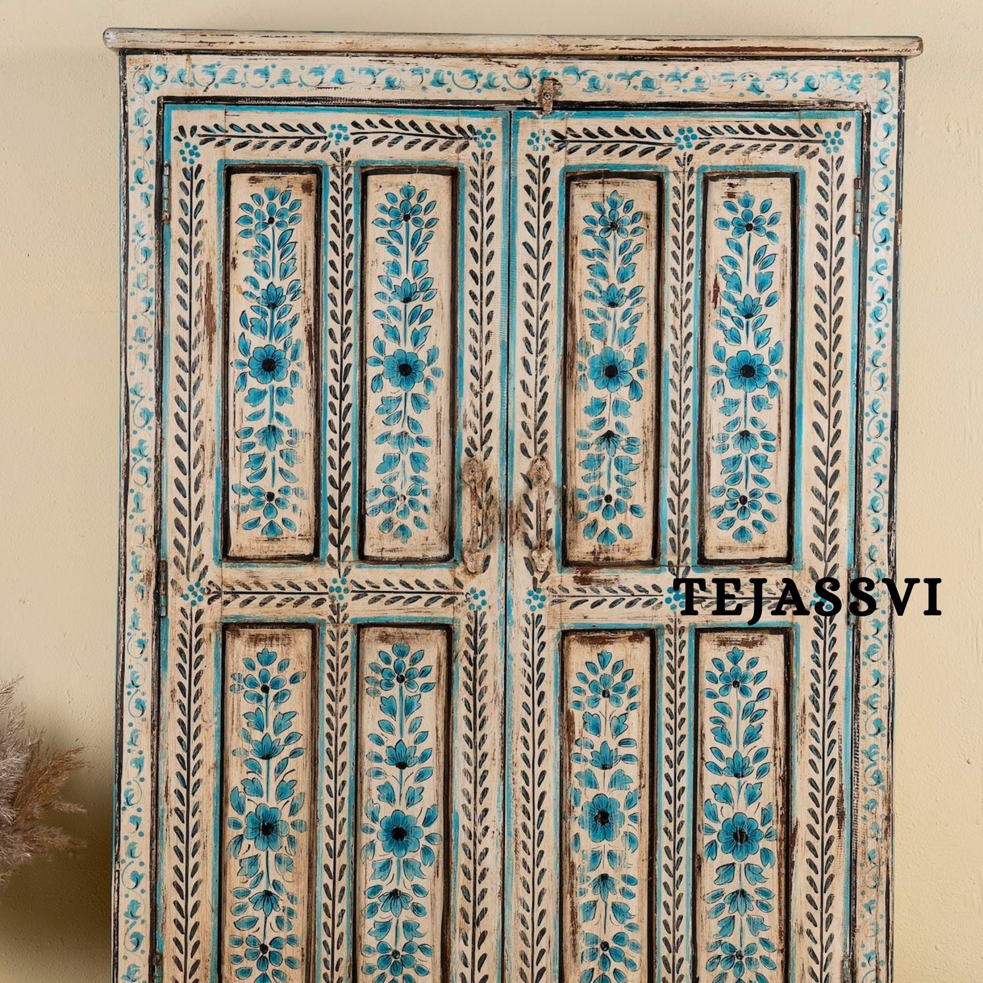 Aqua & Red Painted Bow Fronted Cupboard / Side Storage / Cabinet | Bedside, Side Table, Hand Painted, Wooden Big Cabinet/ Vintage Cabinet.