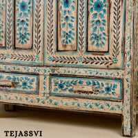 Aqua & Red Painted Bow Fronted Cupboard / Side Storage / Cabinet | Bedside, Side Table, Hand Painted, Wooden Big Cabinet/ Vintage Cabinet.
