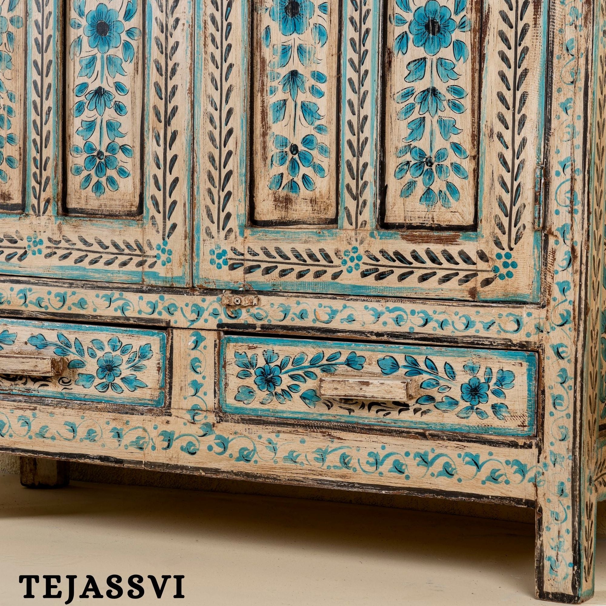 Aqua & Red Painted Bow Fronted Cupboard / Side Storage / Cabinet | Bedside, Side Table, Hand Painted, Wooden Big Cabinet/ Vintage Cabinet.