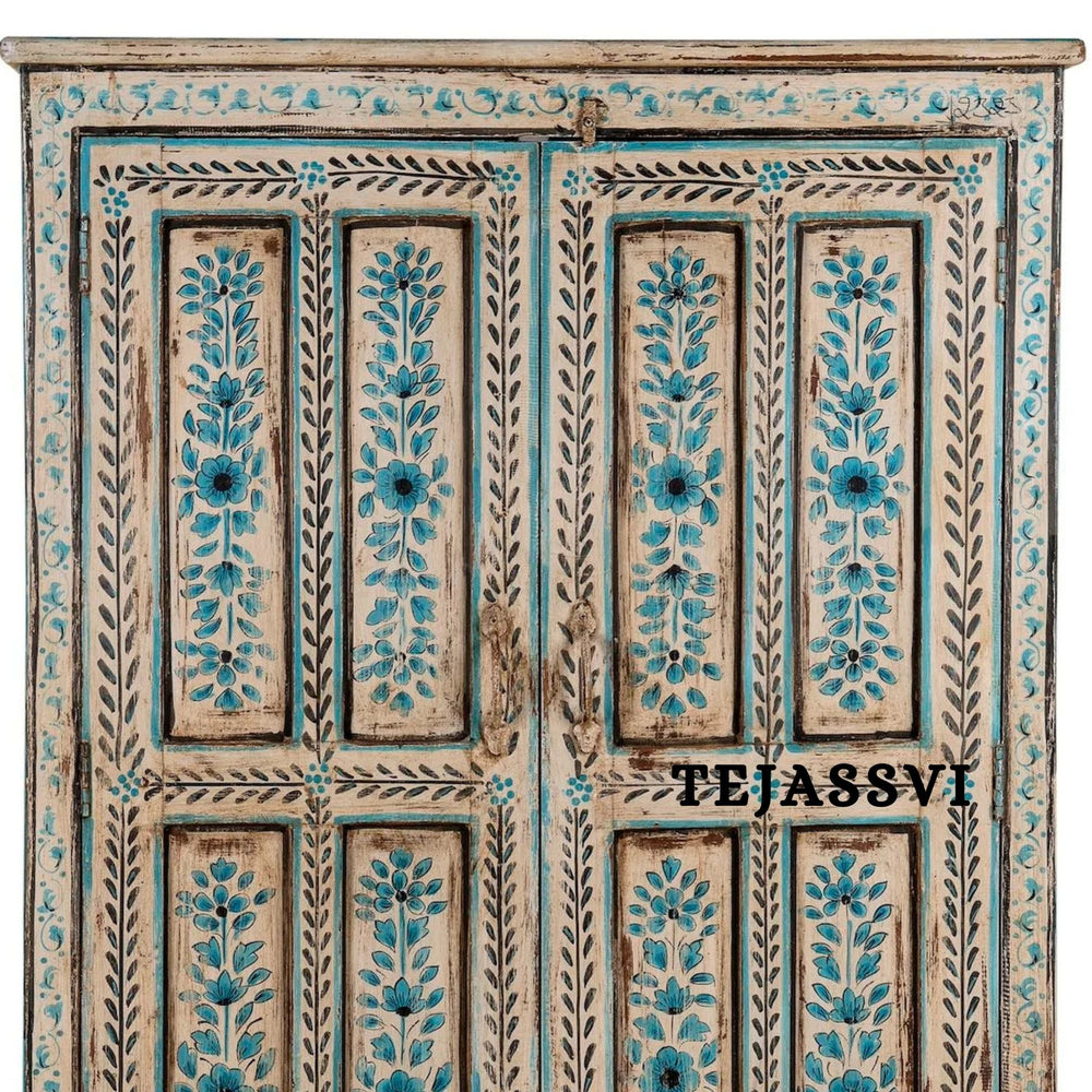 Aqua & Red Painted Bow Fronted Cupboard / Side Storage / Cabinet | Bedside, Side Table, Hand Painted, Wooden Big Cabinet/ Vintage Cabinet.