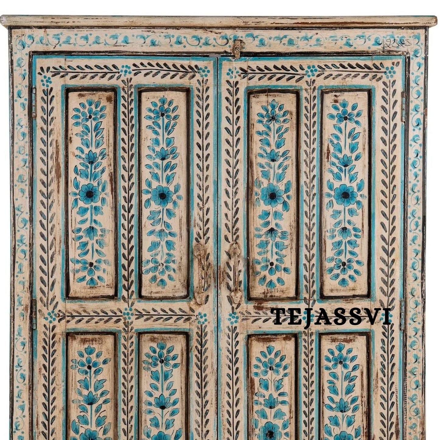 Aqua & Red Painted Bow Fronted Cupboard / Side Storage / Cabinet | Bedside, Side Table, Hand Painted, Wooden Big Cabinet/ Vintage Cabinet.