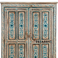 Aqua & Red Painted Bow Fronted Cupboard / Side Storage / Cabinet | Bedside, Side Table, Hand Painted, Wooden Big Cabinet/ Vintage Cabinet.
