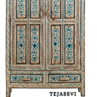 Aqua & Red Painted Bow Fronted Cupboard / Side Storage / Cabinet | Bedside, Side Table, Hand Painted, Wooden Big Cabinet/ Vintage Cabinet.