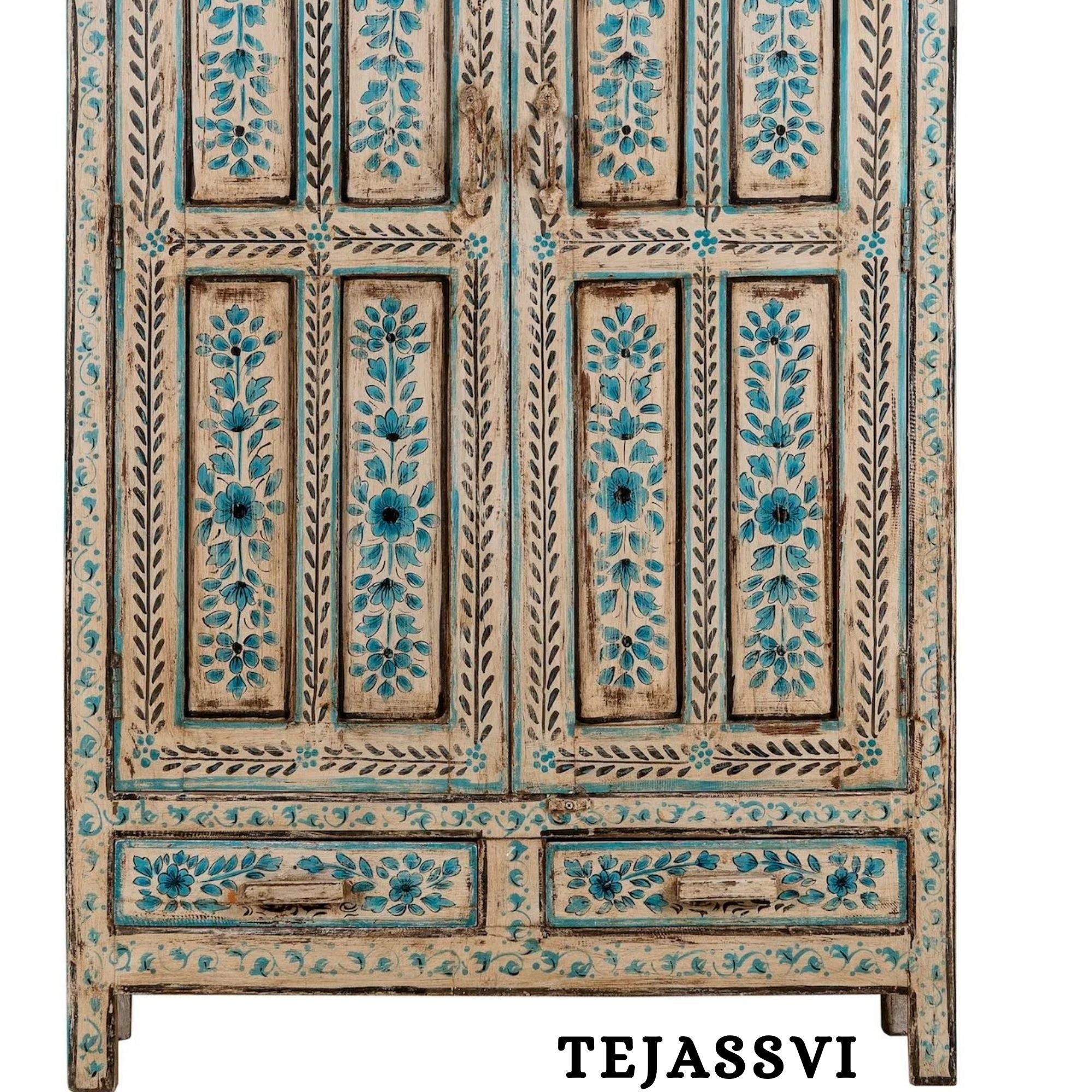 Aqua & Red Painted Bow Fronted Cupboard / Side Storage / Cabinet | Bedside, Side Table, Hand Painted, Wooden Big Cabinet/ Vintage Cabinet.