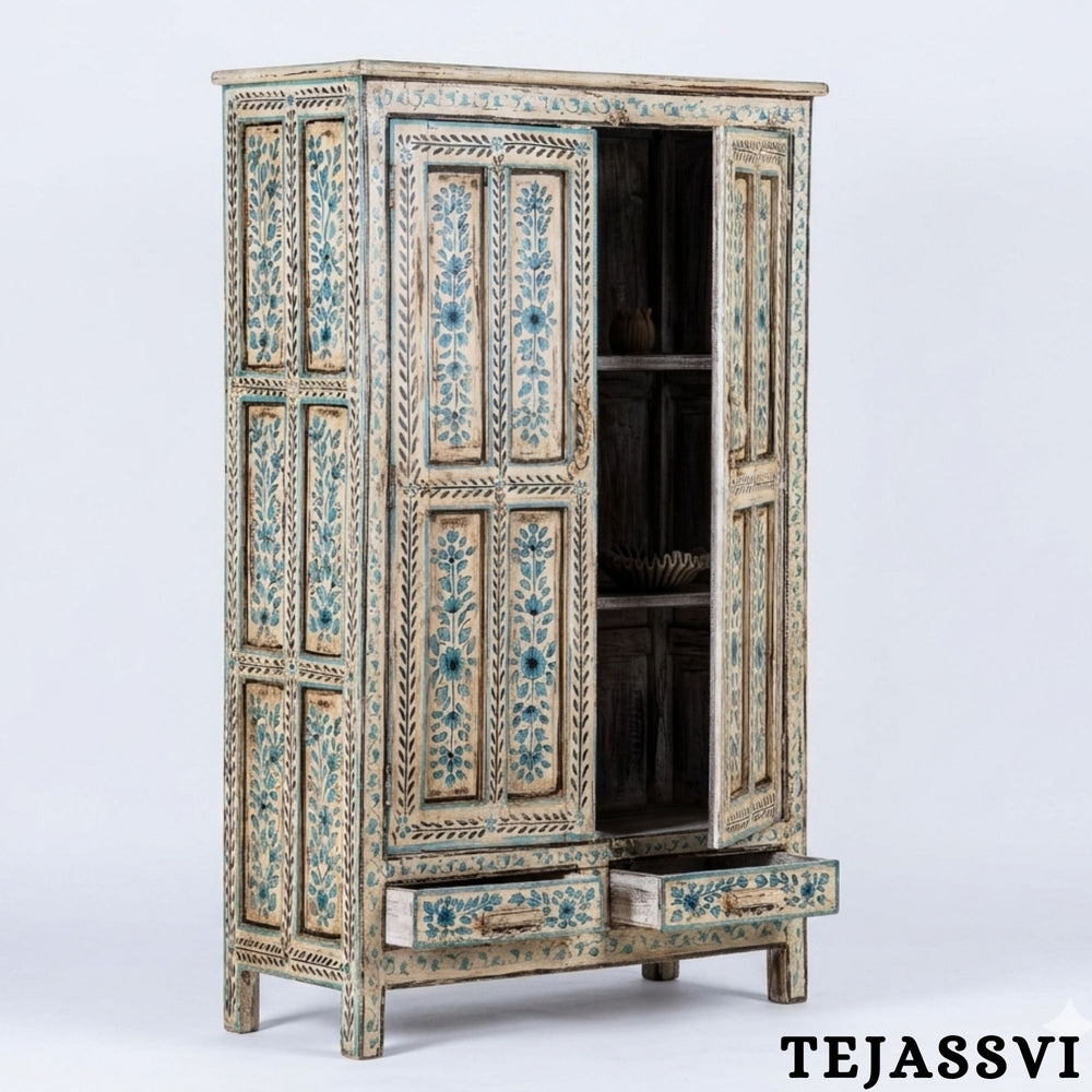 Aqua & Red Painted Bow Fronted Cupboard / Side Storage / Cabinet | Bedside, Side Table, Hand Painted, Wooden Big Cabinet/ Vintage Cabinet.