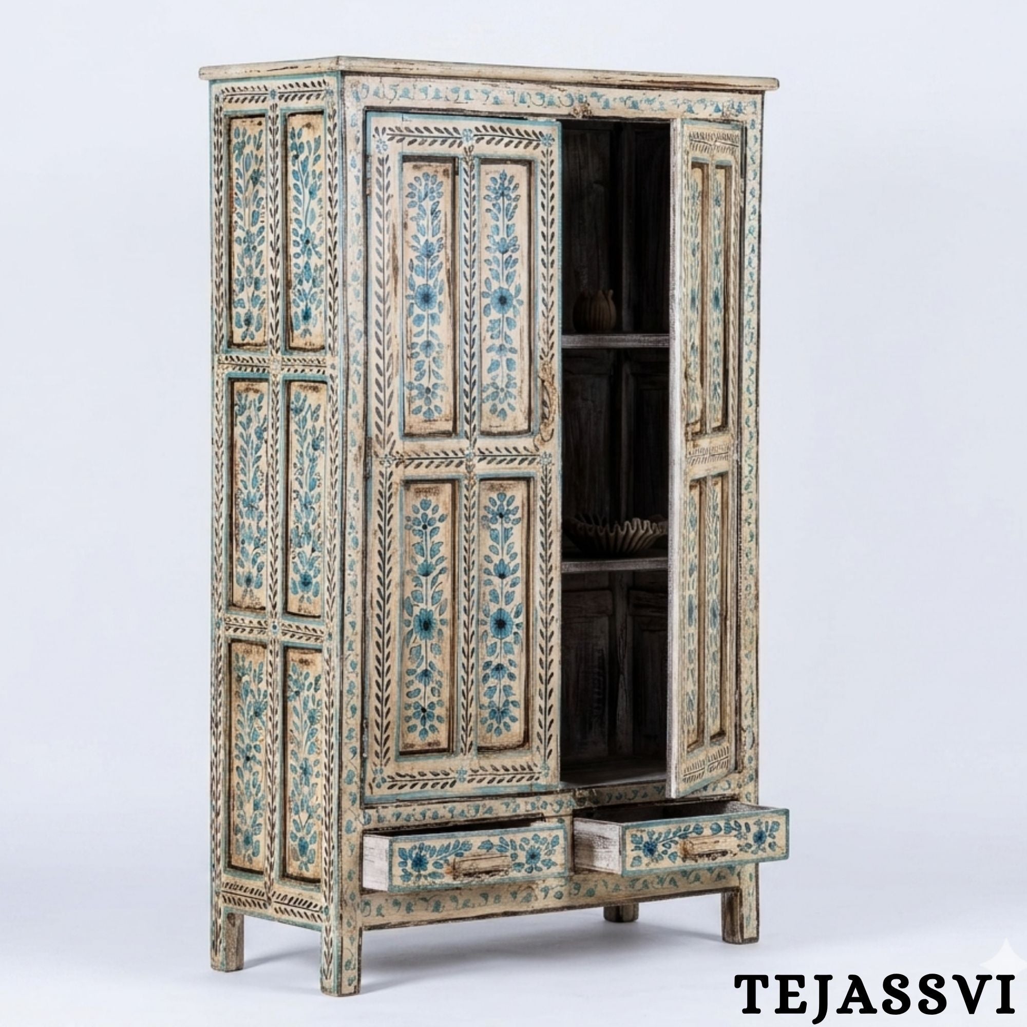 Aqua & Red Painted Bow Fronted Cupboard / Side Storage / Cabinet | Bedside, Side Table, Hand Painted, Wooden Big Cabinet/ Vintage Cabinet.