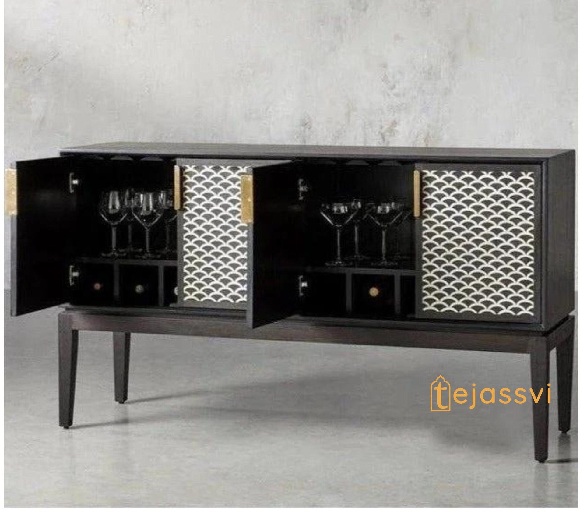 Modern and Luxury Bone Inlay Fish Scale Pattern Bar Cabinet | Handmade Inlay Storage Unit in Black Color | Bone Inlay Beer Storage Furniture