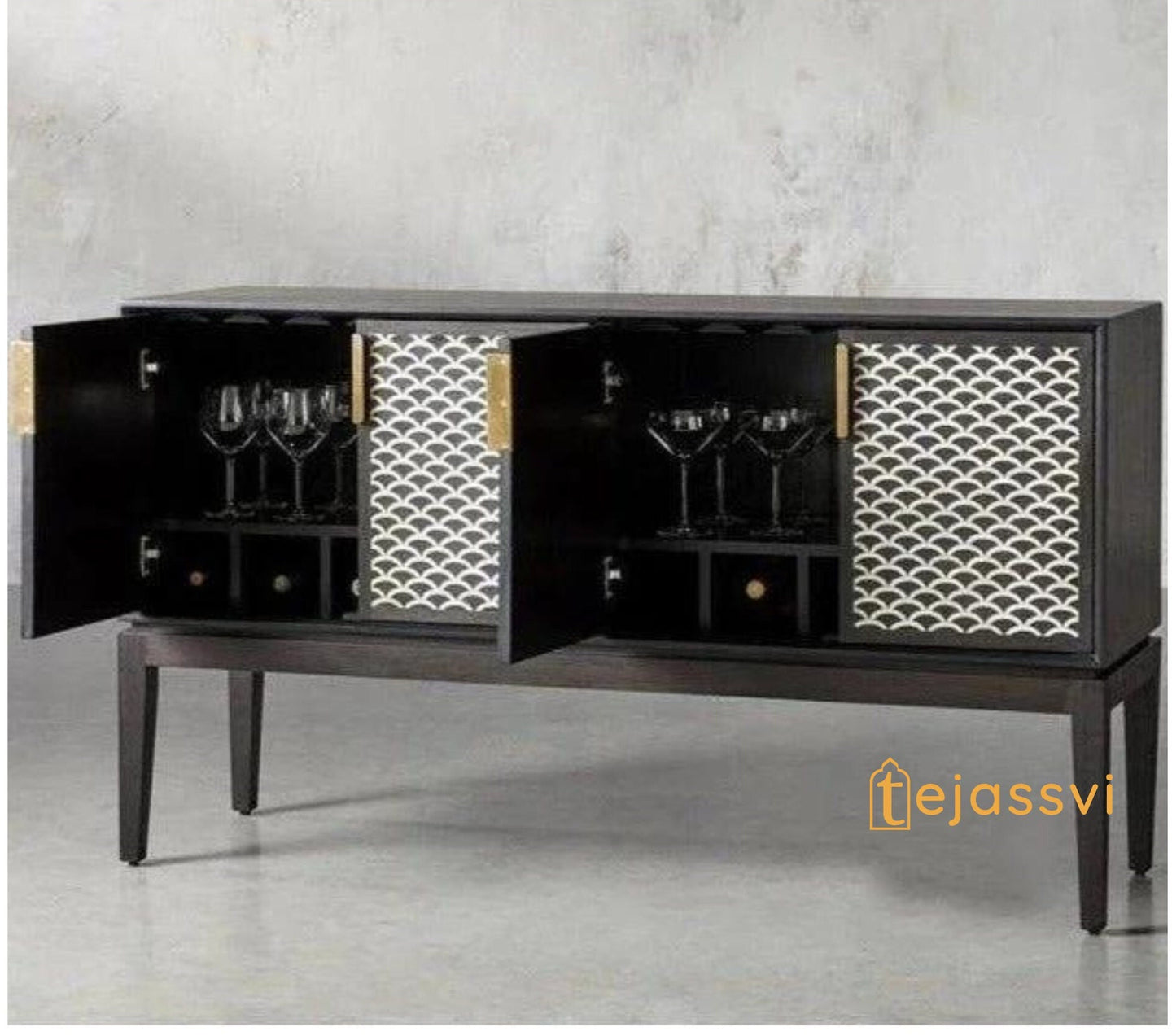 Modern and Luxury Bone Inlay Fish Scale Pattern Bar Cabinet | Handmade Inlay Storage Unit in Black Color | Bone Inlay Beer Storage Furniture