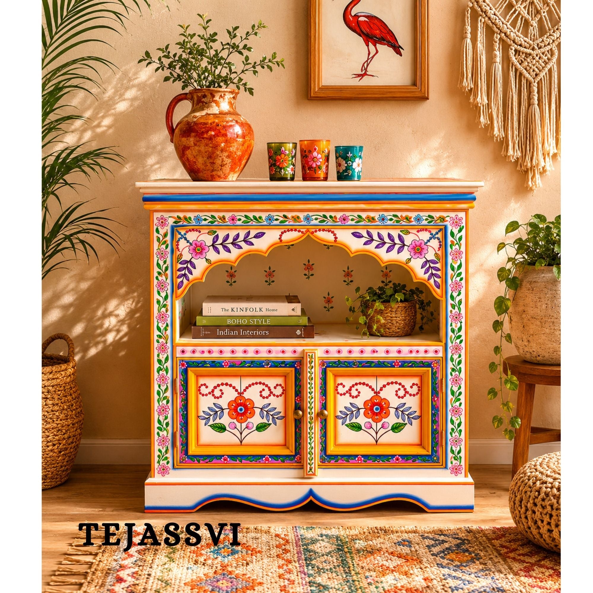 Hand-painted Bedside Wooden Table in Rajasthani Artistry with Uniquely Designed Beautiful / Side Table / Indian Flower Stand Table / Nightstand.