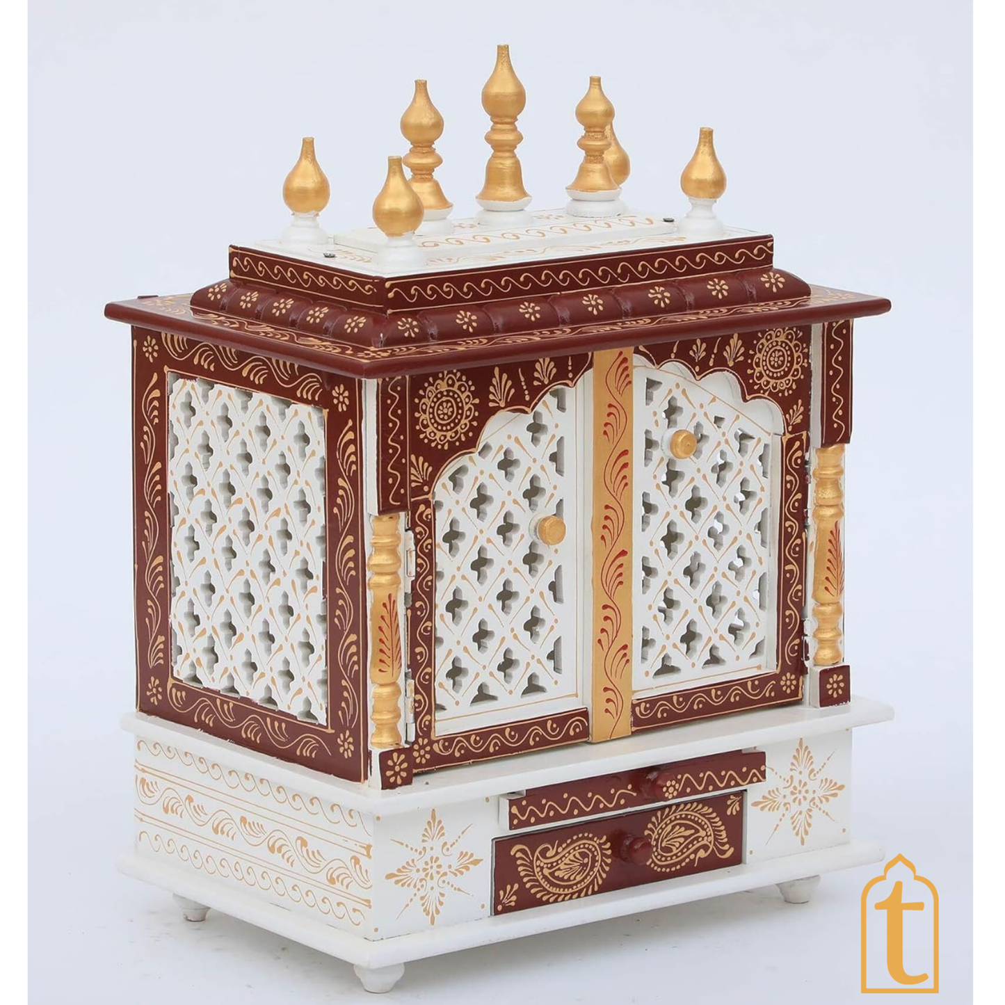 Handcrafted Wooden Temple Mandir White And Red Pooja Ghar