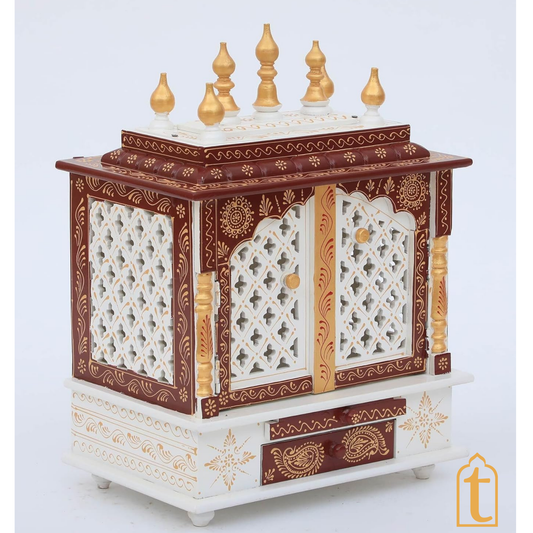 Handcrafted Wooden Temple Mandir White And Red Pooja Ghar