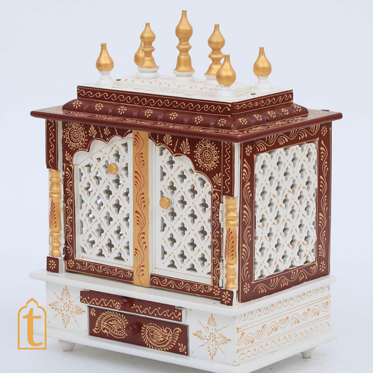 Handcrafted Wooden Temple Mandir White And Red Pooja Ghar