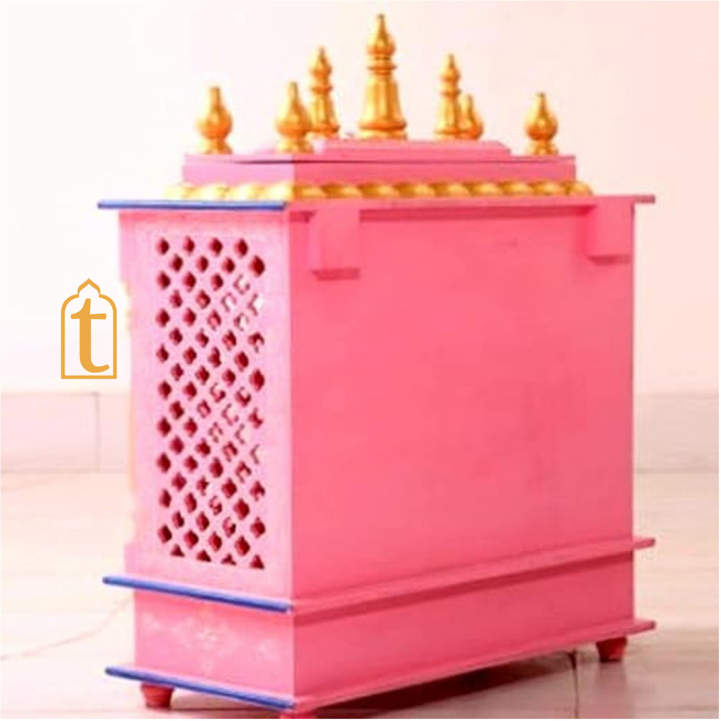 Wooden Pooja Mandir: Indian Pooja Ghar, Wall Mount Decor, Wooden Pink & Blue Pooja Mandir for Wall Decor