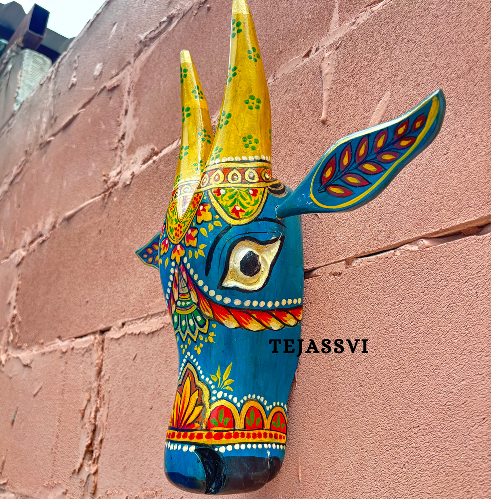 Wooden Painted Cow Head 15 Inches| Bull | Nandi Head Mask Wall Décor. Wooden Wall Hanging. Ethnic Indian Art.