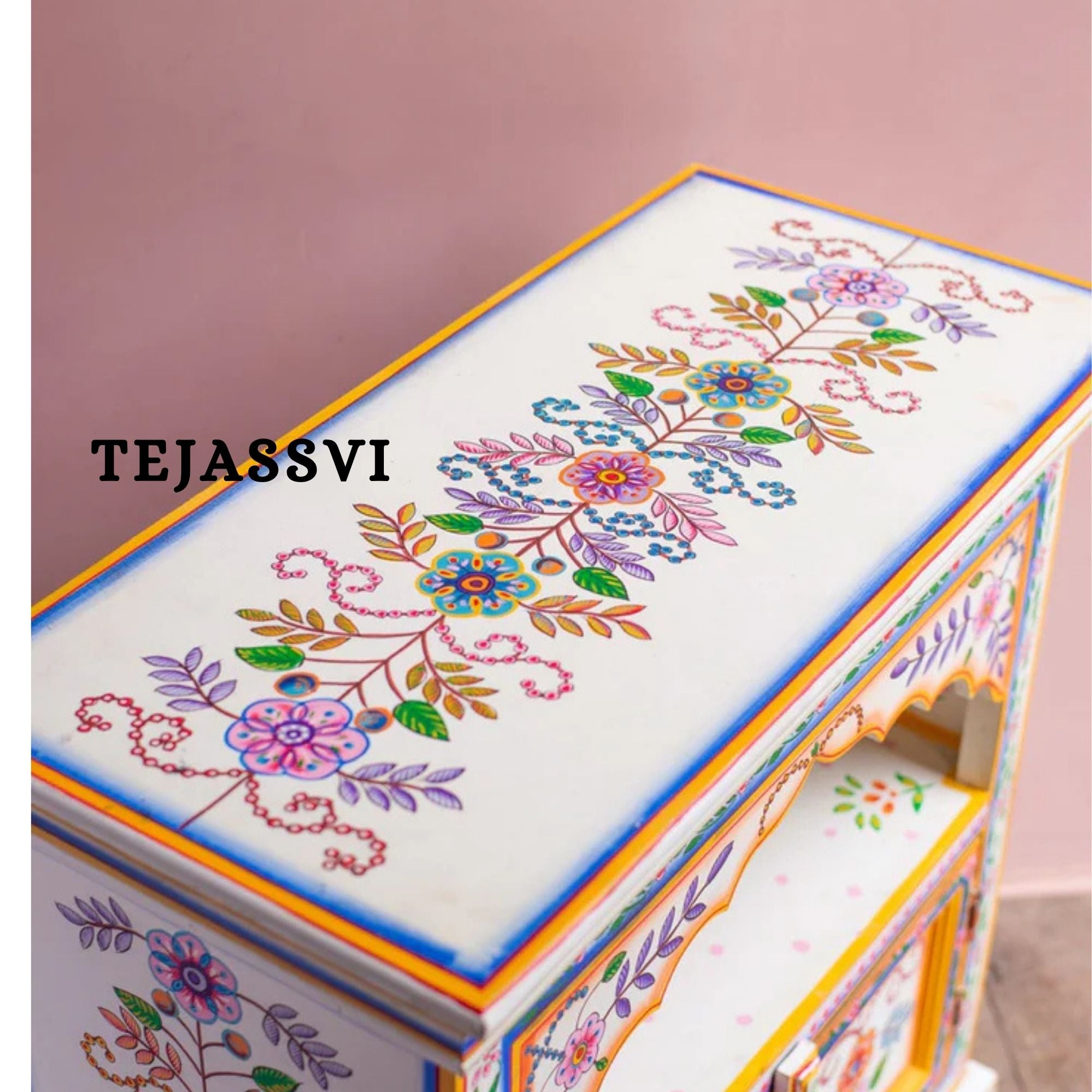 Hand-painted Bedside Wooden Table in Rajasthani Artistry with Uniquely Designed Beautiful / Side Table / Indian Flower Stand Table / Nightstand.