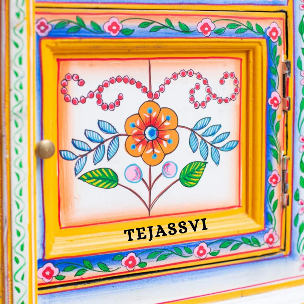 Hand-painted Bedside Wooden Table in Rajasthani Artistry with Uniquely Designed Beautiful / Side Table / Indian Flower Stand Table / Nightstand.