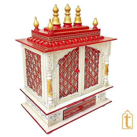 Handcrafted Wooden Temple Mandir: White and Red Finish Pooja Ghar