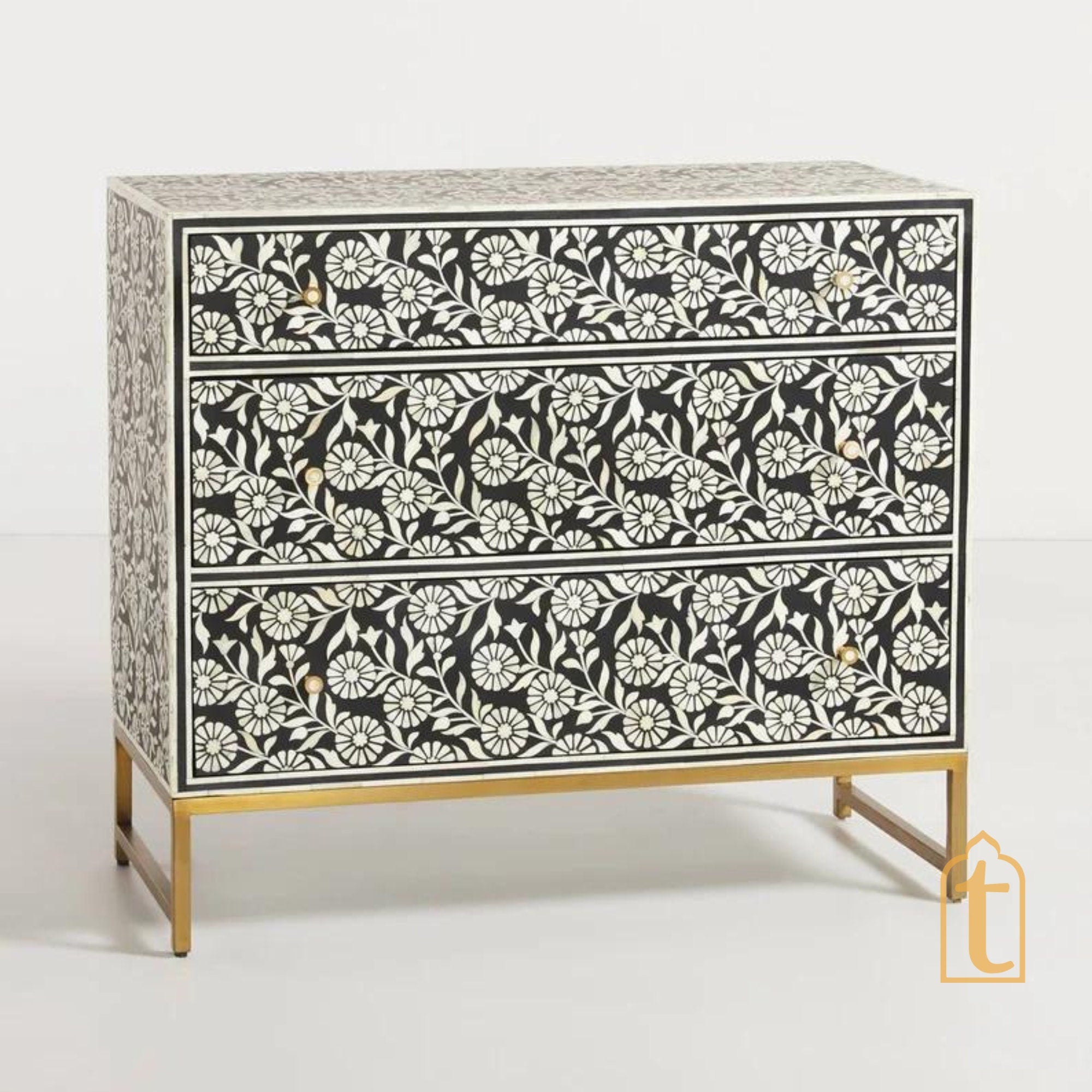 Bone Inlay Console / Bone Inlay Chest of 3 Drawers stripe Pattern 3 Drawer Dresser / Bone Inlay Dresser / Bone Inlay Sideboard / Optical Cabinet.