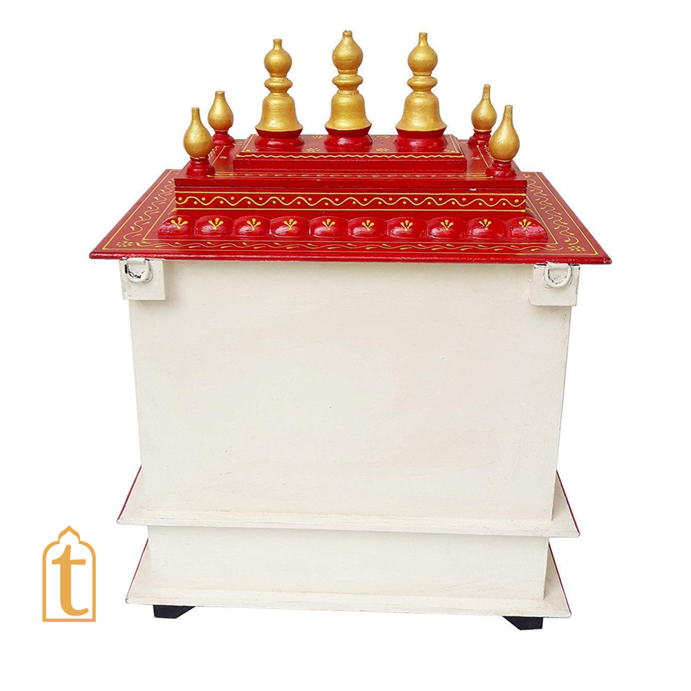 Handcrafted Wooden Temple Mandir: White and Red Finish Pooja Ghar