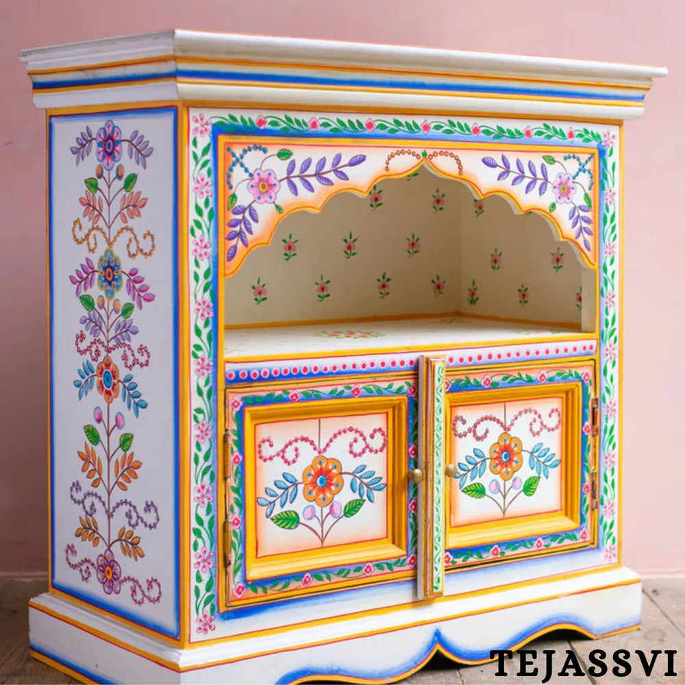Hand-painted Bedside Wooden Table in Rajasthani Artistry with Uniquely Designed Beautiful / Side Table / Indian Flower Stand Table / Nightstand.