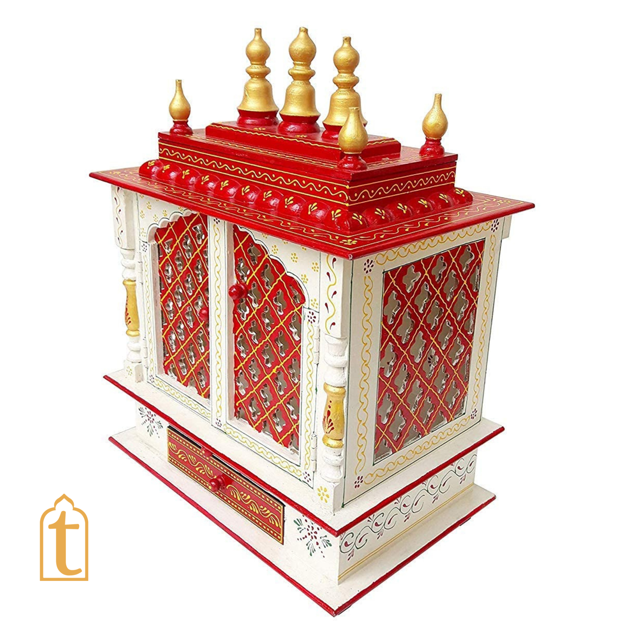 Handcrafted Wooden Temple Mandir: White and Red Finish Pooja Ghar
