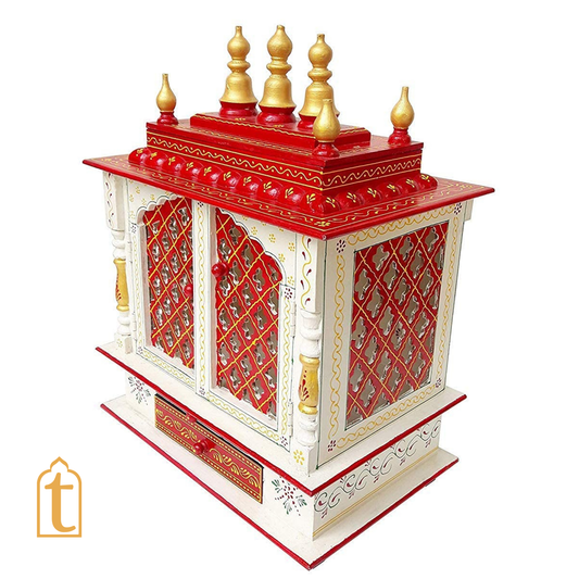 Handcrafted Wooden Temple Mandir: White and Red Finish Pooja Ghar