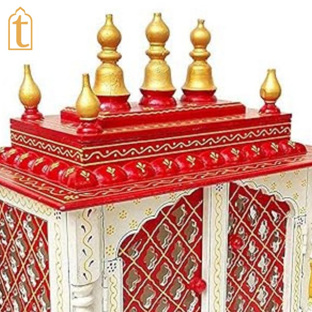 Handcrafted Wooden Temple Mandir: White and Red Finish Pooja Ghar