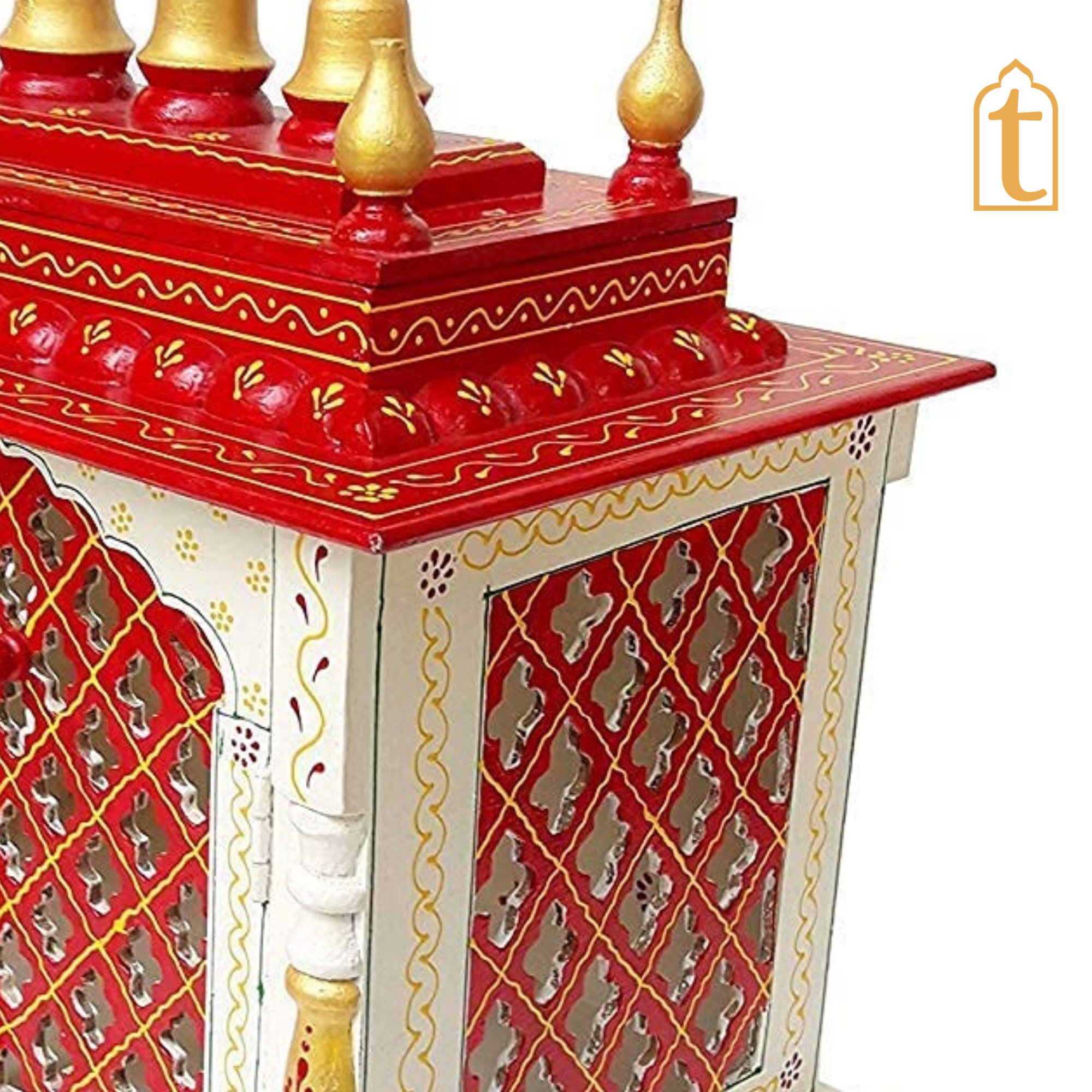 Handcrafted Wooden Temple Mandir: White and Red Finish Pooja Ghar