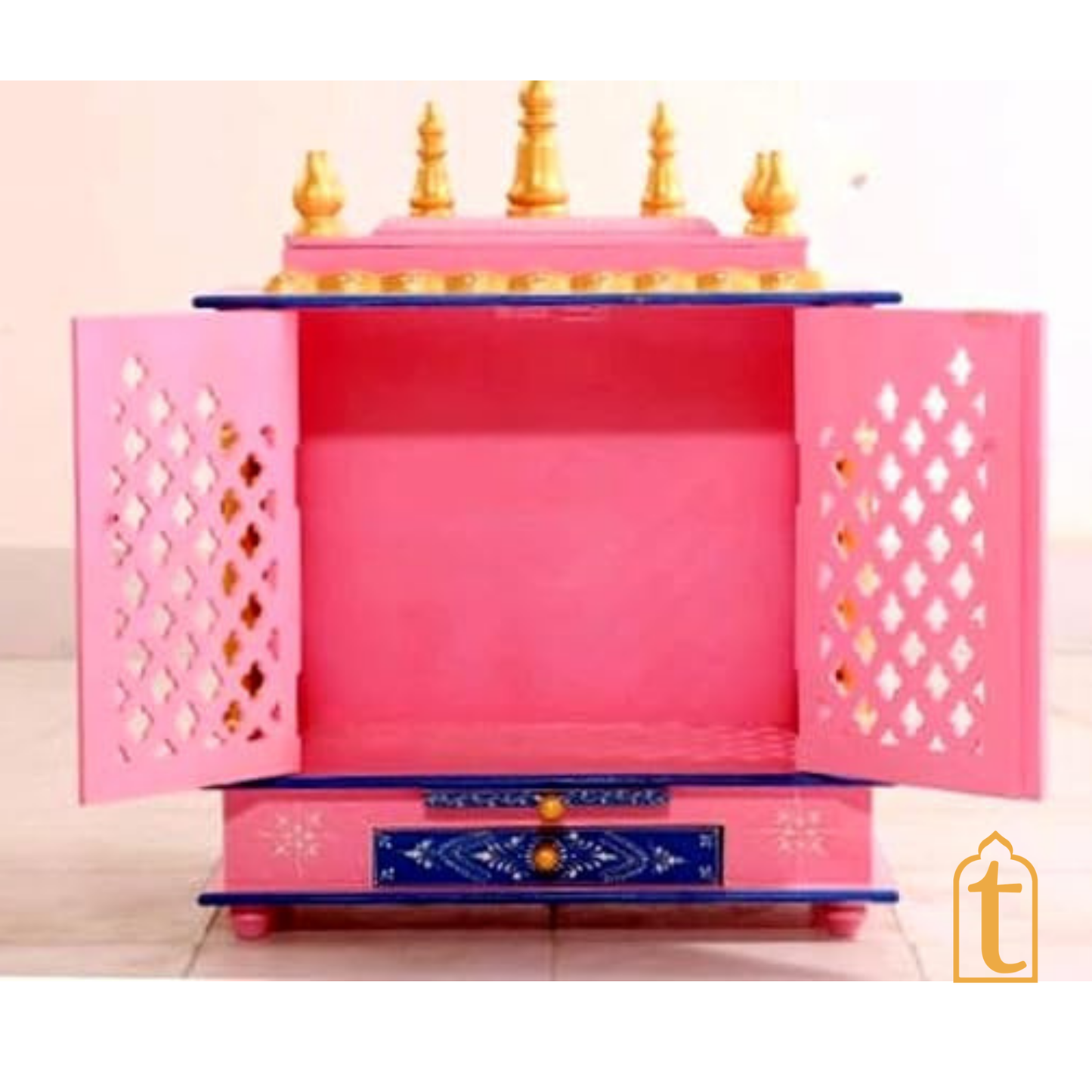 Wooden Pooja Mandir: Indian Pooja Ghar, Wall Mount Decor, Wooden Pink & Blue Pooja Mandir for Wall Decor