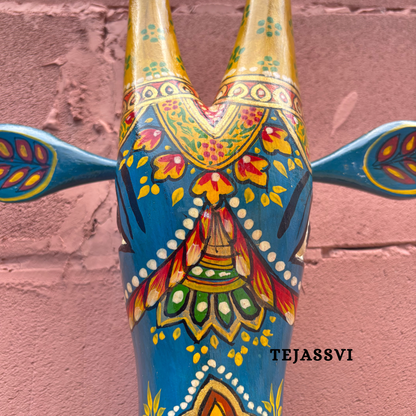 Wooden Painted Cow Head 16 Inches| Bull | Nandi Head Mask Wall Décor. Wooden Wall Hanging. Ethnic Indian Art.
