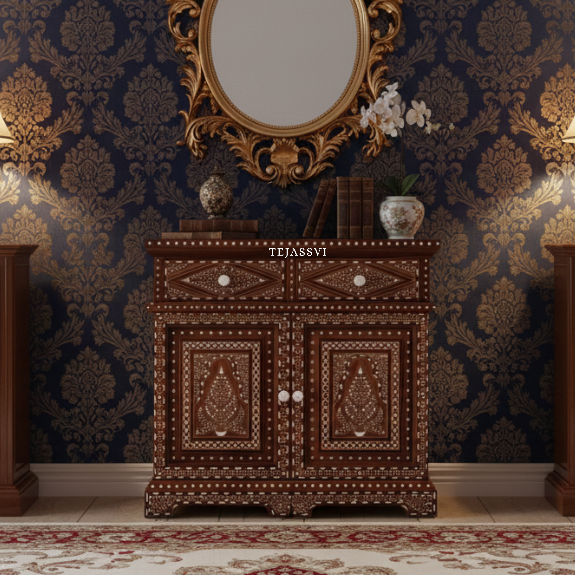 Handmade Wood Bone Inlay Modern Sideboards / Wood Bone Inlay Console | Wood Bone Inlay Cabinet With 2 Drawer & 2 Door Furniture  | Wooden Sideboards | Luxury Furniture.