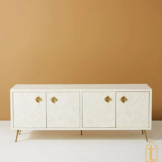 Bone Inlay Optical Design Media Cabinet White/Bone Inlay Optical Design Media Console/Bone Inlay Storage Unit/wooden furniture/bone console.