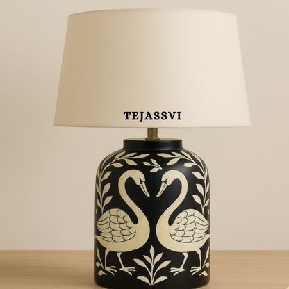 Wooden Bone Inlay Floral and swan Pattern Lamp for Bedroom / Bone Inlay Bed Room Lamp / Bedroom Décor Lamp / Handmade Inlay Table Lamp Home Decor Accent Light