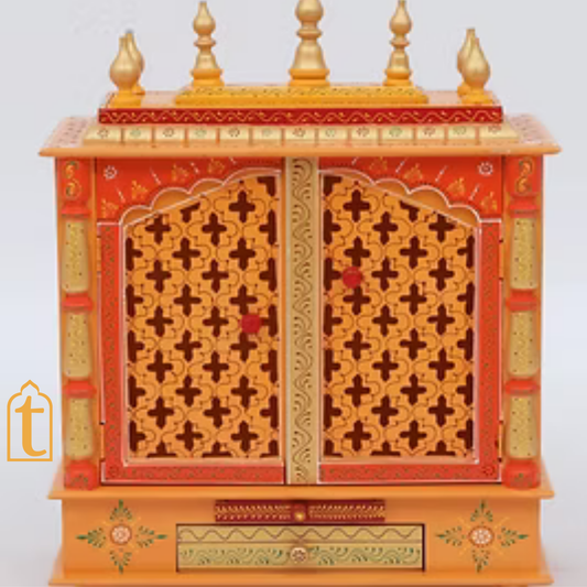 Handcrafted Wooden Pooja Room Temple: Orange & Gold Embossed