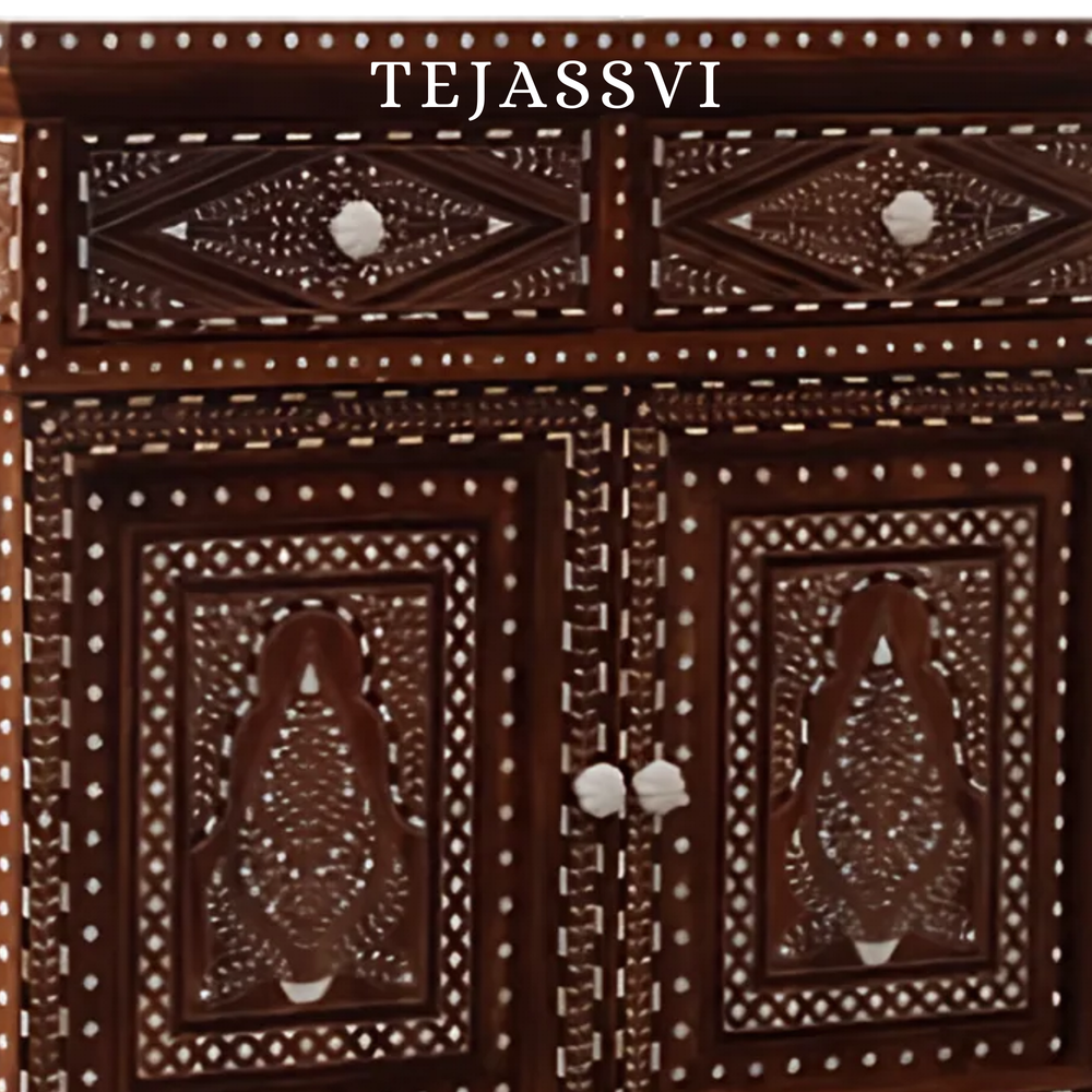 Handmade Wood Bone Inlay Modern Sideboards / Wood Bone Inlay Console | Wood Bone Inlay Cabinet With 2 Drawer & 2 Door Furniture  | Wooden Sideboards | Luxury Furniture.