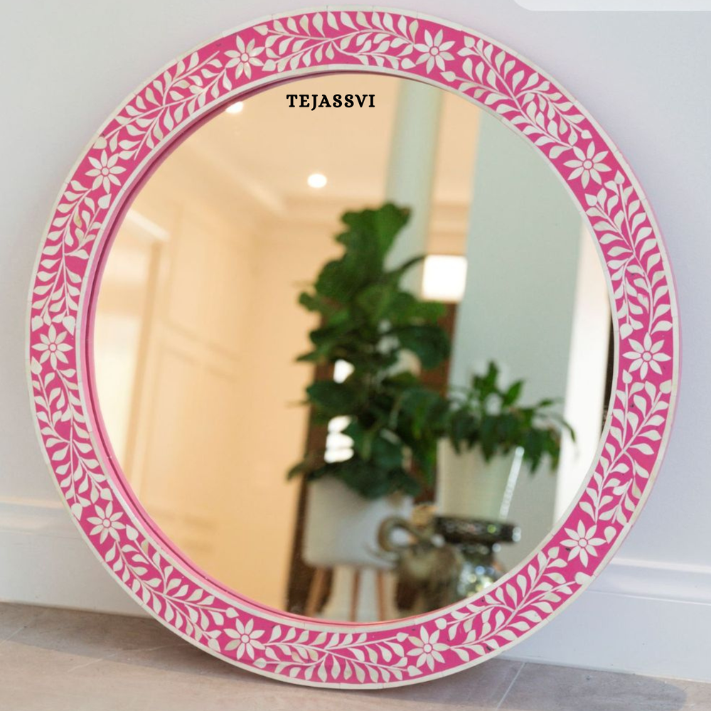 Bone Inlay Floral Pattern and Pink Resin Wall Hanging Round Shape Mirror and Wall Décor Stylish Mirror