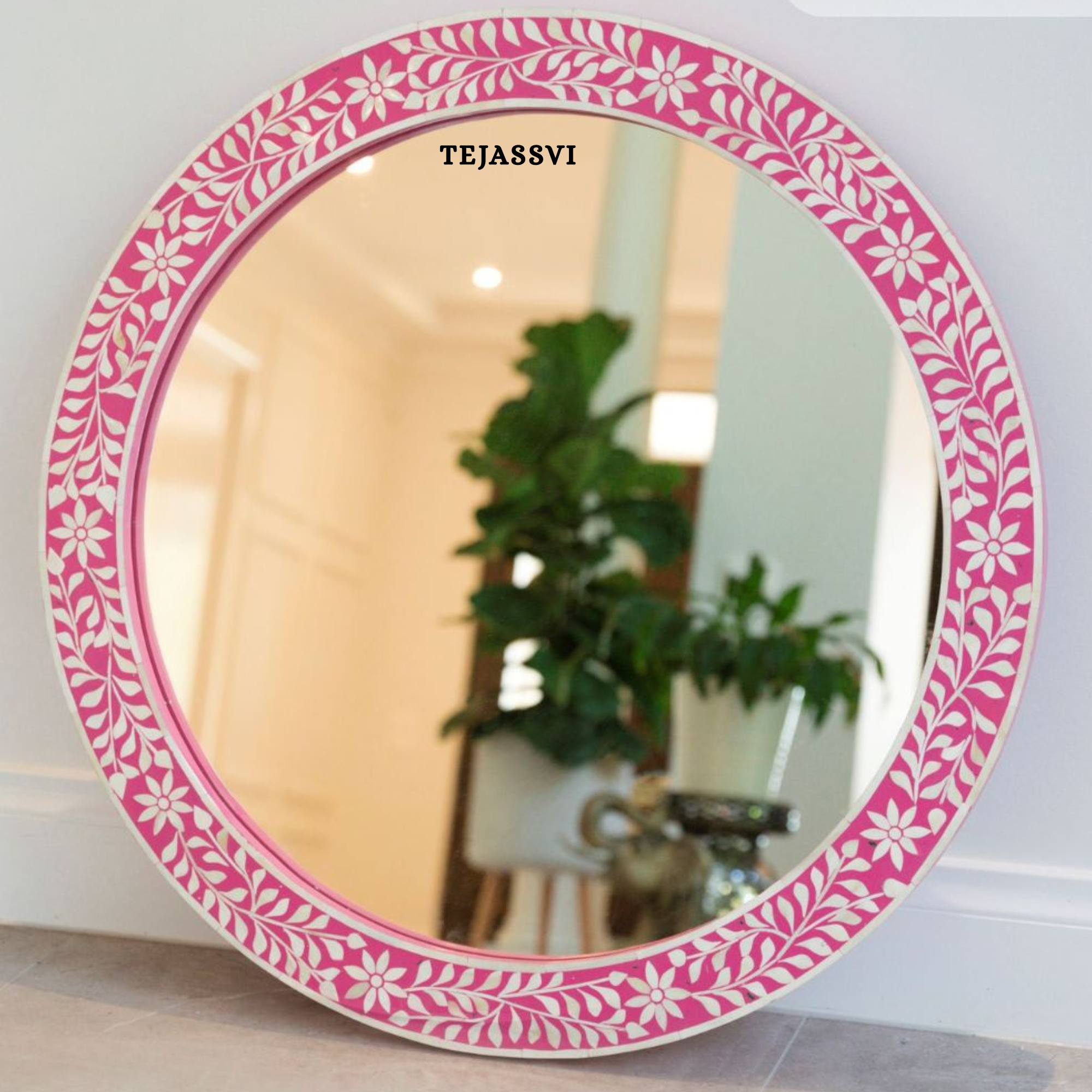 Bone Inlay Floral Pattern and Pink Resin Wall Hanging Round Shape Mirror and Wall Décor Stylish Mirror